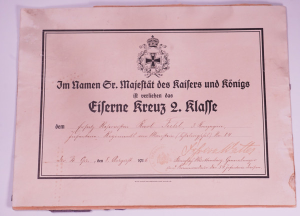 Urkunde Eisernes Kreuz 2. Klasse Fuhl Inf. Regt. von Manstein Nr.84