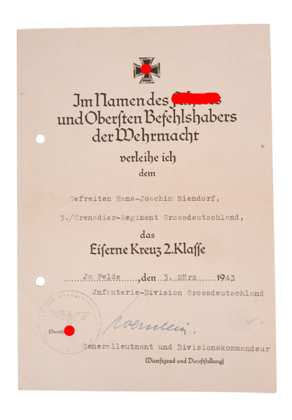 Urkunde Eisernes Kreuz 2. Klasse Niendorf Grenadier-Regiment Grossdeutschland