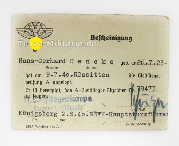 Bescheinigung NSFK A-Gleitflieger Abzeichen