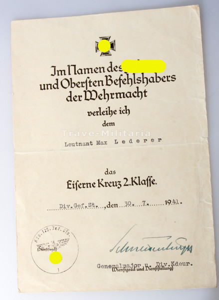 Urkunde Eisernes Kreuz 2. Klasse Lederer 125. Inf. Div.