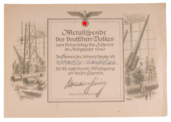 Metallspenden-Urkunde Sophie Weißhaar