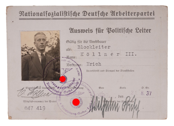 NSDAP Ausweis für Politische Leiter Blockleiter Erich Köllner III.