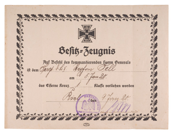 Besitzzeugnis Eisernes Kreuz 1. Klasse Sell Wehrkreiskommando Kiel