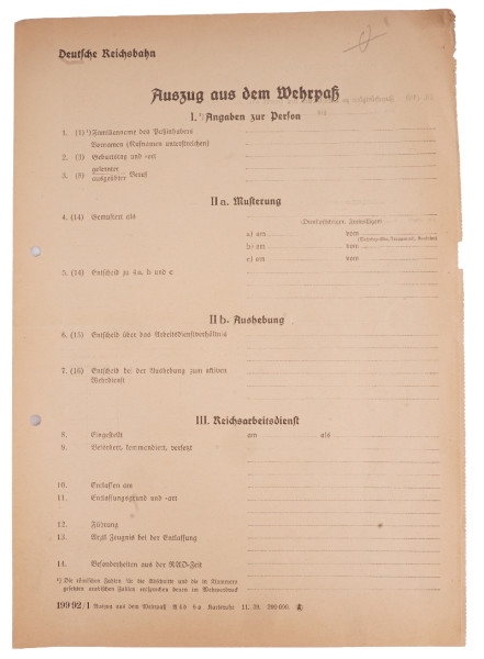 Deutsche Reichsbahn Auszug aus dem Wehrpass