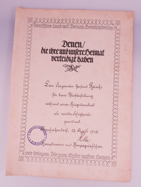 Urkunde Schießpreis 2. Klasse Reinke Seewehrabteilung