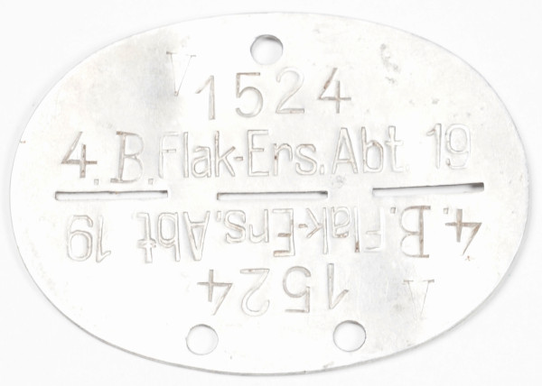 Erkennungsmarke 4. B. Flak-Ers. Abt. 19 1524 A