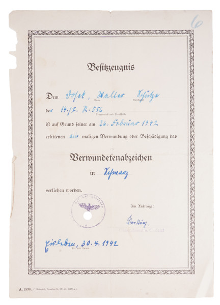 Besitzzeugnis Verwundetenabzeichen in Schwarz Dosek I.R.556