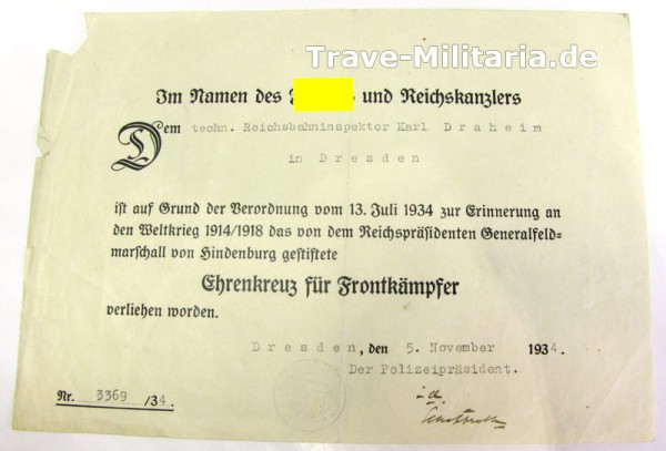 Urkunde zum Ehrenkreuz für Frontkämpfer Dresden