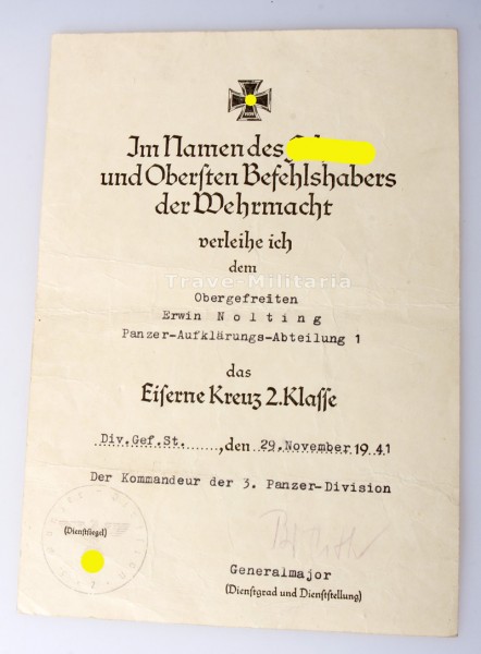 Urkunde Eisernes Kreuz 2. Klasse Nolting Panzer-Aufklärungs-Abteilung 1