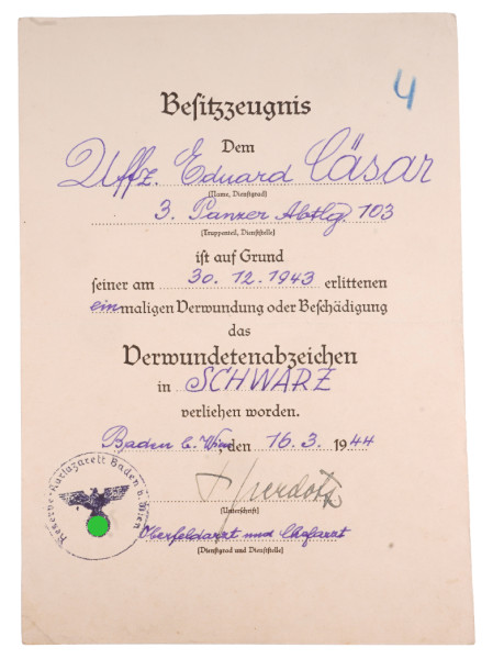 Besitzzeugnis Verwundetenabzeichen in Schwarz Cäsar 3. Panzer-Abteilung 103 3.Pz.-Gren.Division