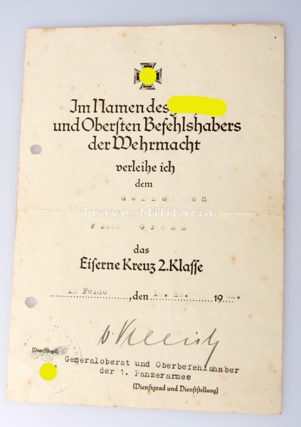 Urkunde Eisernes Kreuz 2. Klasse Fritz Gross