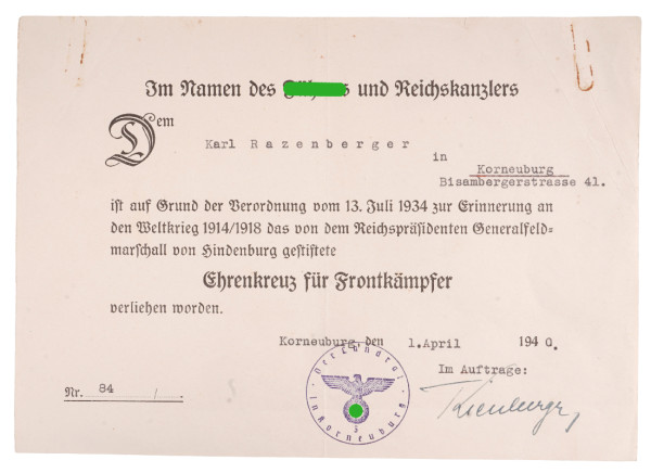 Urkunde Ehrenkreuz für Frontkämpfer Razenberger in Korneuburg