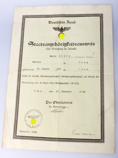 Staatsangehörigkeitsausweis Dietz, Prag 1939