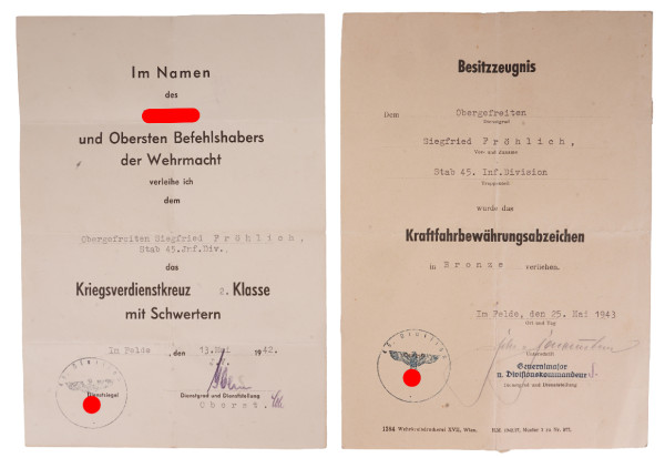 Urkundenpaar Fröhlich Stab 45. Infanterie-Division
