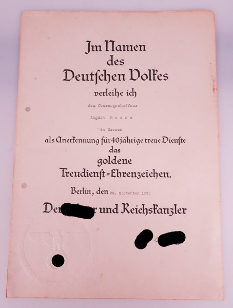 Urkunde Goldenes Treudienst-Ehrenzeichen für 40 Jahre Haase