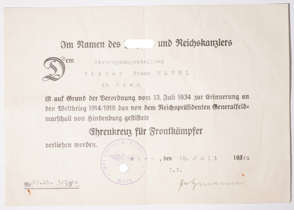 Urkunde Ehrenkreuz für Frontkämpfer Havel Wien