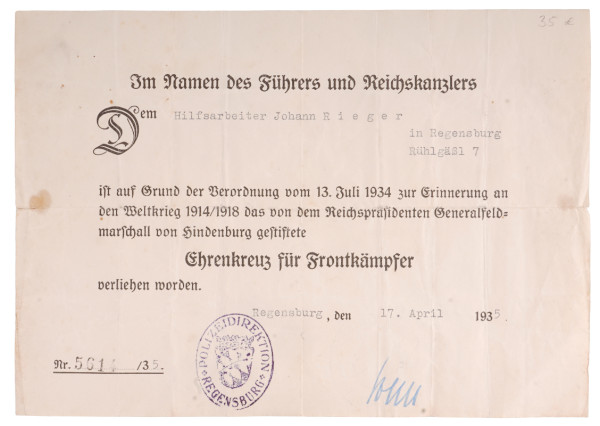 Urkunde Ehrenkreuz für Frontkämpfer Hilfsarbeiter Rieger Regensburg