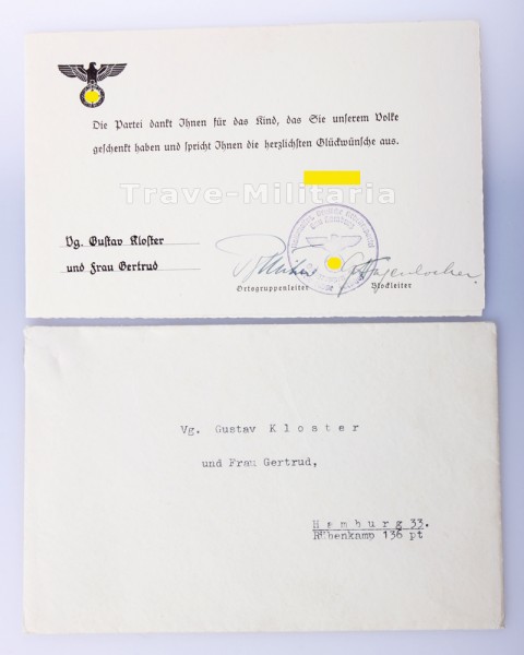 Glückwunschschreiben zur Geburt eines Kindes NSDAP Gau Hamburg
