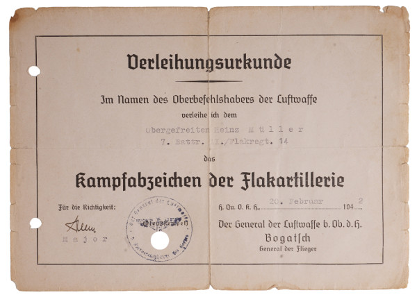 Urkunde Kampfabzeichen der Flakartillerie Müller Flakrgt. 14