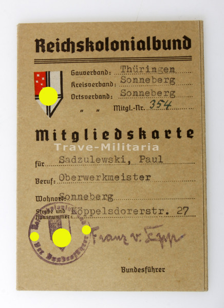 Reichskolonialbund Mitgliedskarte Paul Sadzulewski Sonneberg