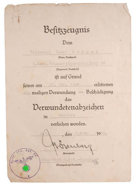 Besitzzeugnis Verwundetenabzeichen in Schwarz Doppel Panzerjägerabt. 50