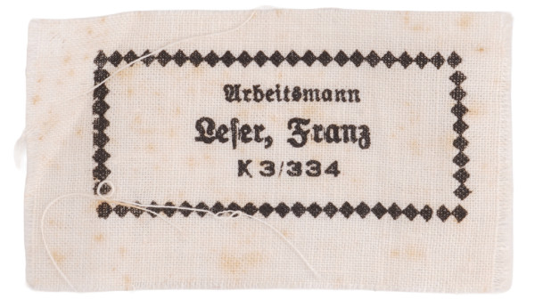 Reichsarbeitsdienst Namensetikett Arbeitsmann Franz Leser K3/334