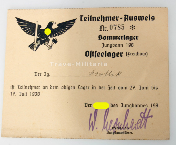 HJ- Teilnehmer Ausweis Sommerlager Jungbann 198 Ostseelager