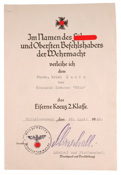 Urkunde Eisernes Kreuz 2. Klasse Kania Kommando Kreuzer "Köln"