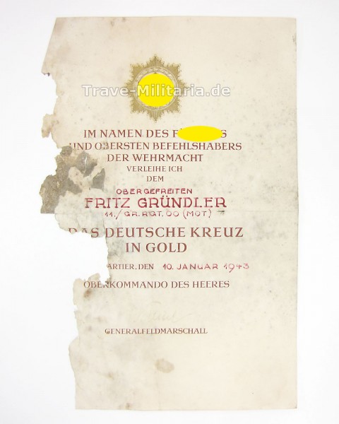 Urkunde zum Deutschen Kreuz mit großem Feuchtigkeitsschaden