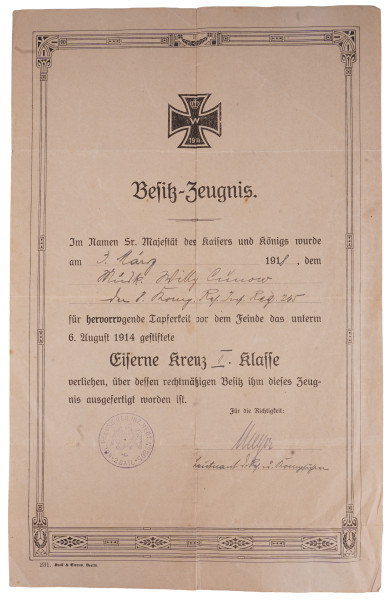 Besitz-Zeugnis Eisernes Kreuz 2.Klasse Cunow Res. Inf. Regt. 265