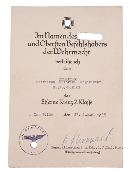 Urkunde Eisernes Kreuz 2. Klasse Ungewitter G.R.62