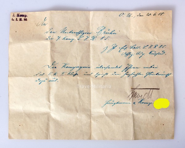 Übersendungsschreiben EK2 1914 an Unteroffizier Bruhn