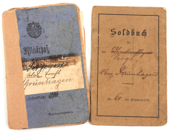 Soldbuch u. Militärpaß Max Grünhagen Landst. Inf. Batl. Allenstein II