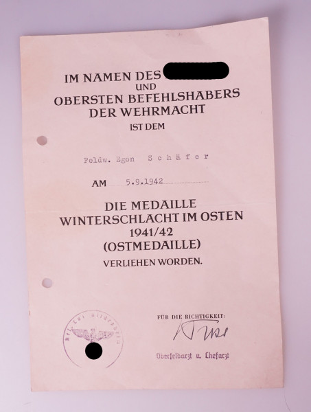 Urkunde Medaille Winterschlacht im Osten 1941/42 Schäfer