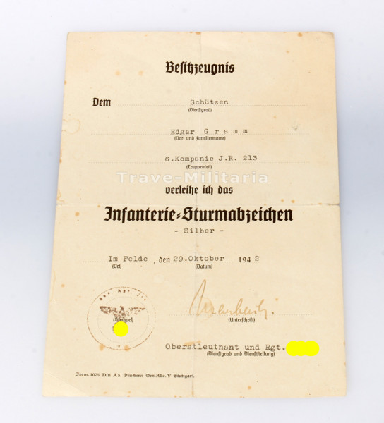 Besitzzeugnis Gramm Infanterie-Sturmabzeichen in Silber I.R. 213