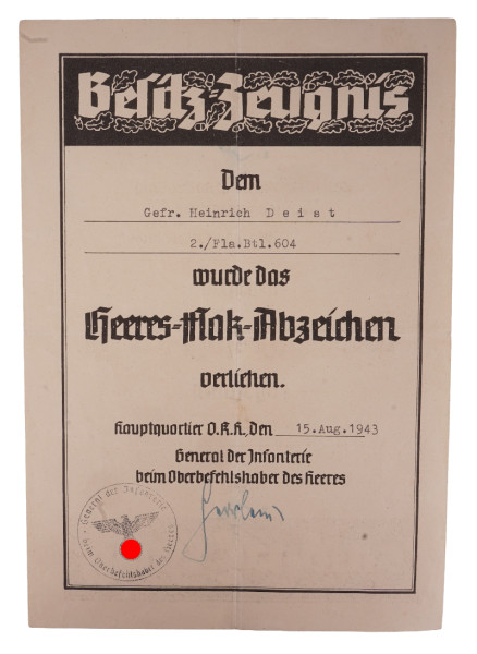 Besitzzeugnis Heeres-Flak-Abzeichen Deist 2./Fla. Btl. 604