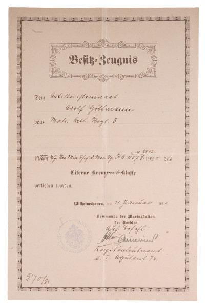 Besitzzeugnis Eisernes Kreuz 2. Klasse Göttmann Matr. Artl. Regt. 3