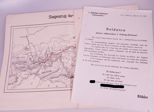 Schreiben und Karte 1. Gebirgsdivision 1939