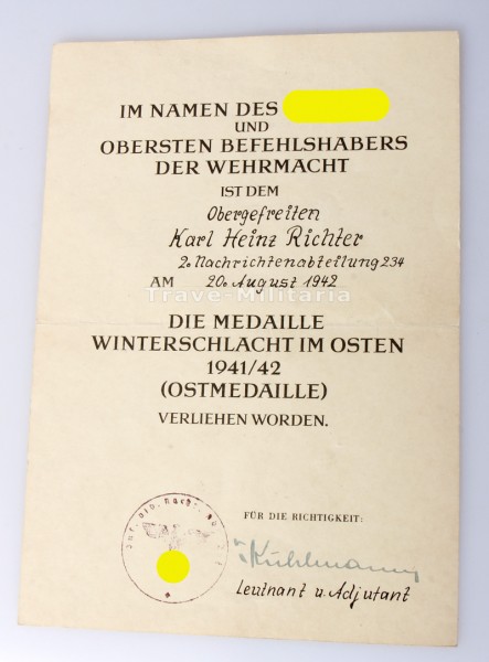 Urkunde Medaille Winterschlacht im Osten 1941/42 Richter Nachrichtenabteilung 234