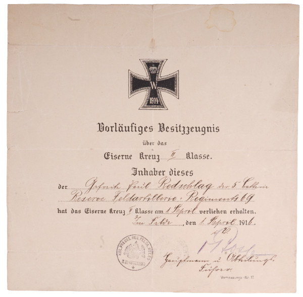 Vorläufiges Besitzzeugnis Eisernes Kreuz 2. Klasse Res. FAR 69