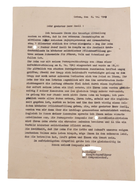 Abschrift Todesmitteilung SS-Funcker Josef Knoll