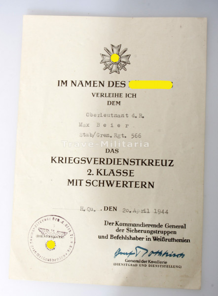Urkunde Kriegsverdienstkreuz 2. Klasse mit Schwertern Gren. Rgt. 566