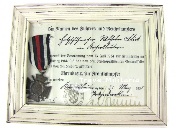 Konvolut Urkunde und Frontkämpferehrenkreuz im Rahmen