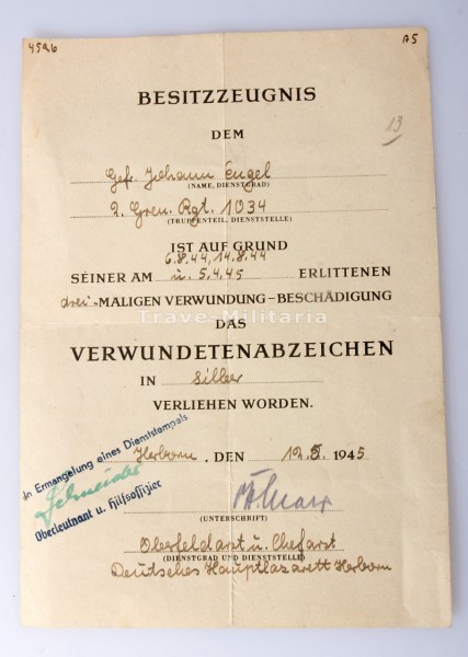 Besitzzeugnis Verwundetenabzeichen in Silber Gren.Regt.1034