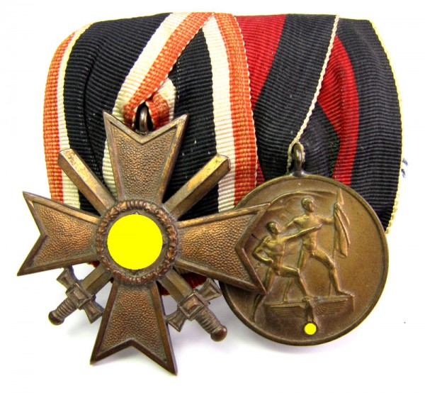 große Ordenspange 2er mit Buntmetall KVK und Erinnerungsmedaille 1938