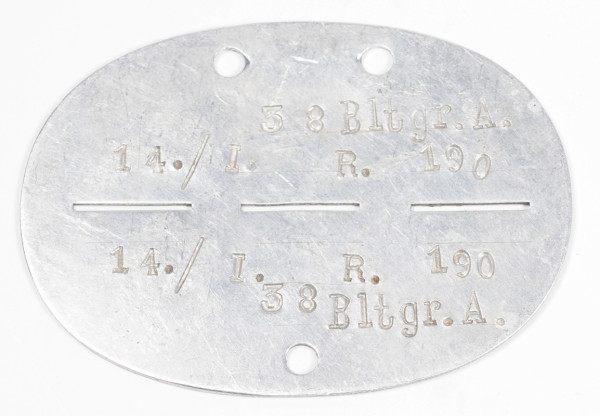 Erkennungsmarke 14. / I. R. 190 38 Bltgr. A