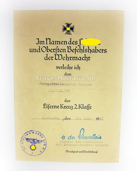 Urkunde zum Eisernen Kreuz 2. Klasse I.R.358