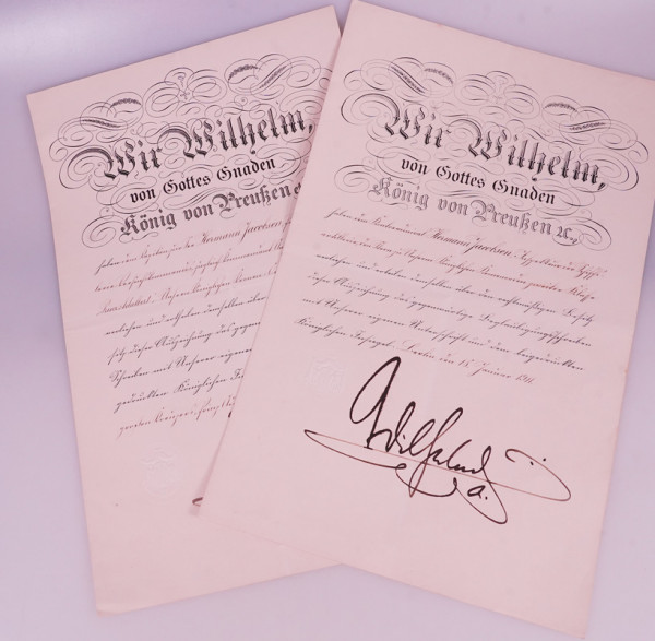2 Urkunden Kronen-Orden und Stern zum Kronen-Orden zweite Klasse Hermann Jacobsen