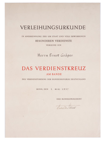 Urkunde Verdienstkreuz am Band des Verdienstordens der BRD