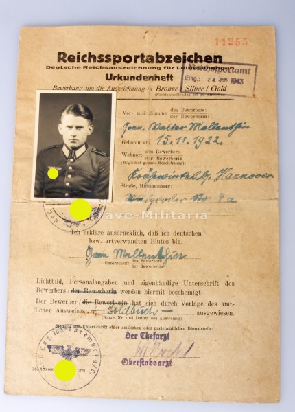 Reichssportabzeichen Urkundenheft Res.Laz.103 Spremberg/L